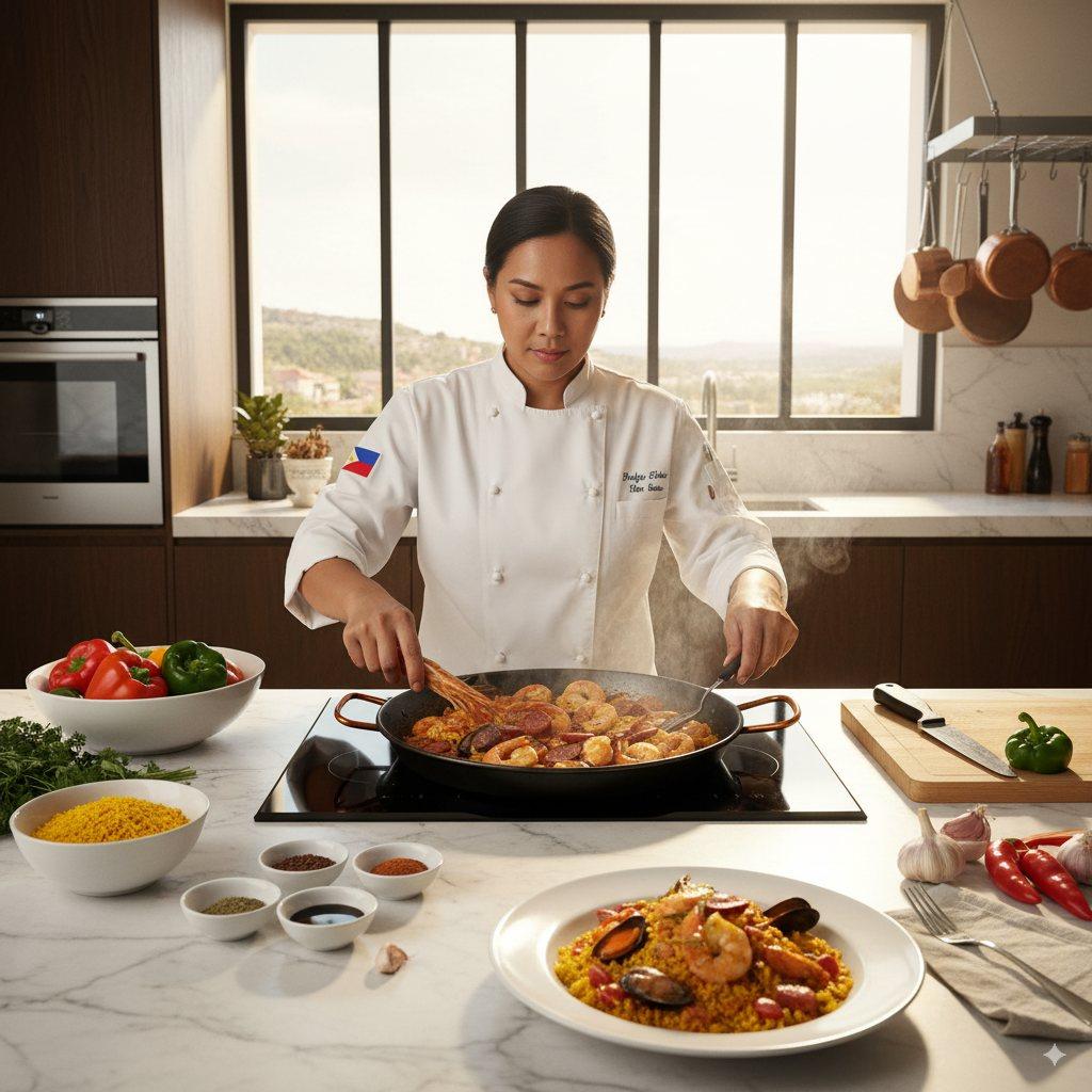 Cocinera filipina preparando comida internacional en cocina moderna